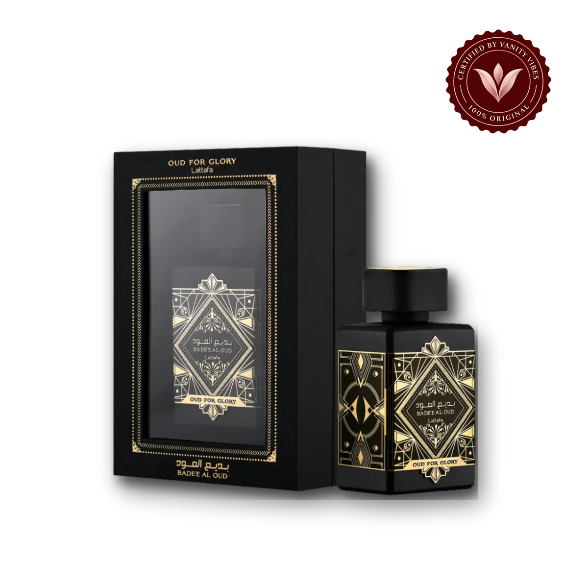 Lattafa Badee Al Oud Oud for Glory Black Eau De Parfum Perfume — box, Vanity Vibes