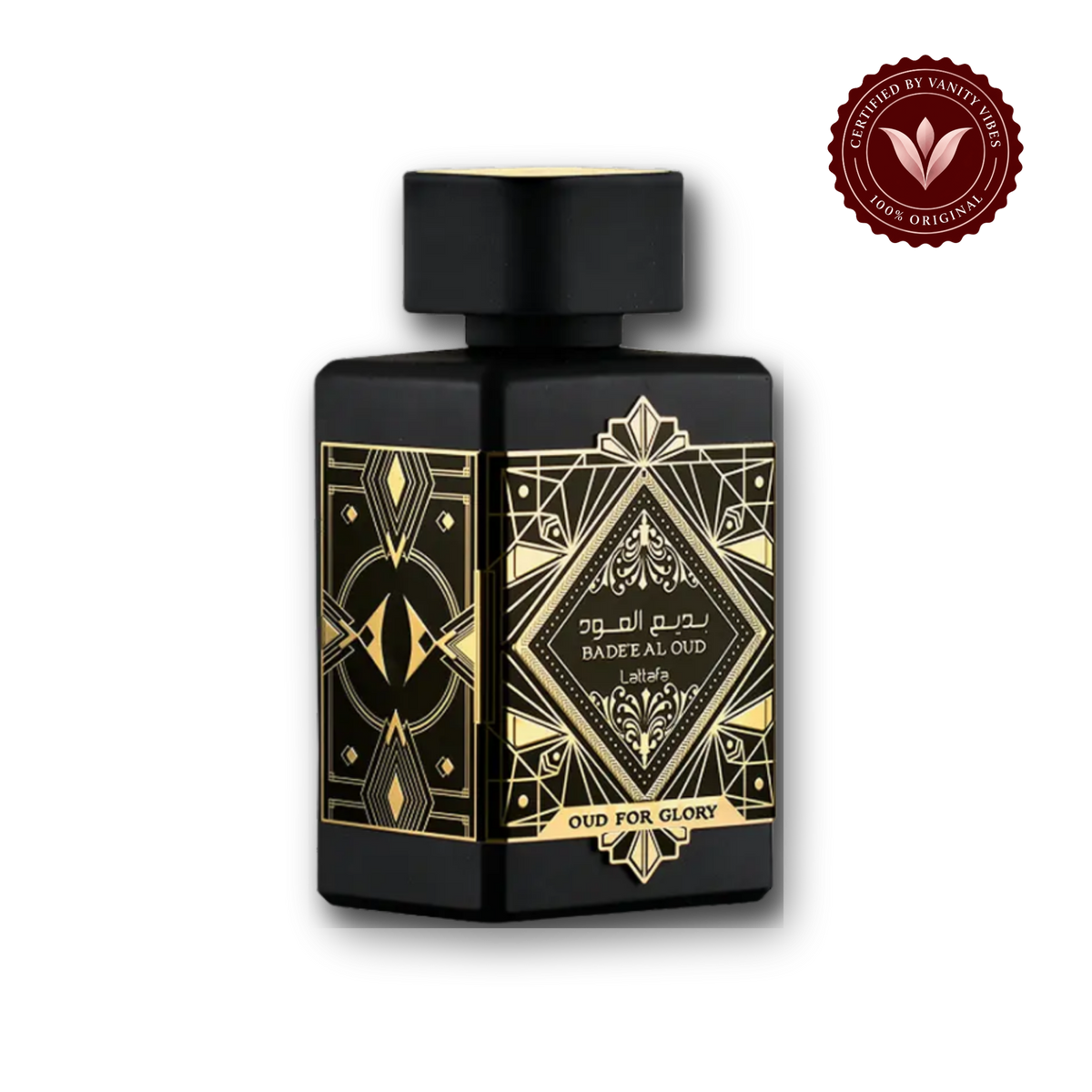 Lattafa Badee Al Oud Oud for Glory Black Eau De Parfum Perfume — front, Vanity Vibes
