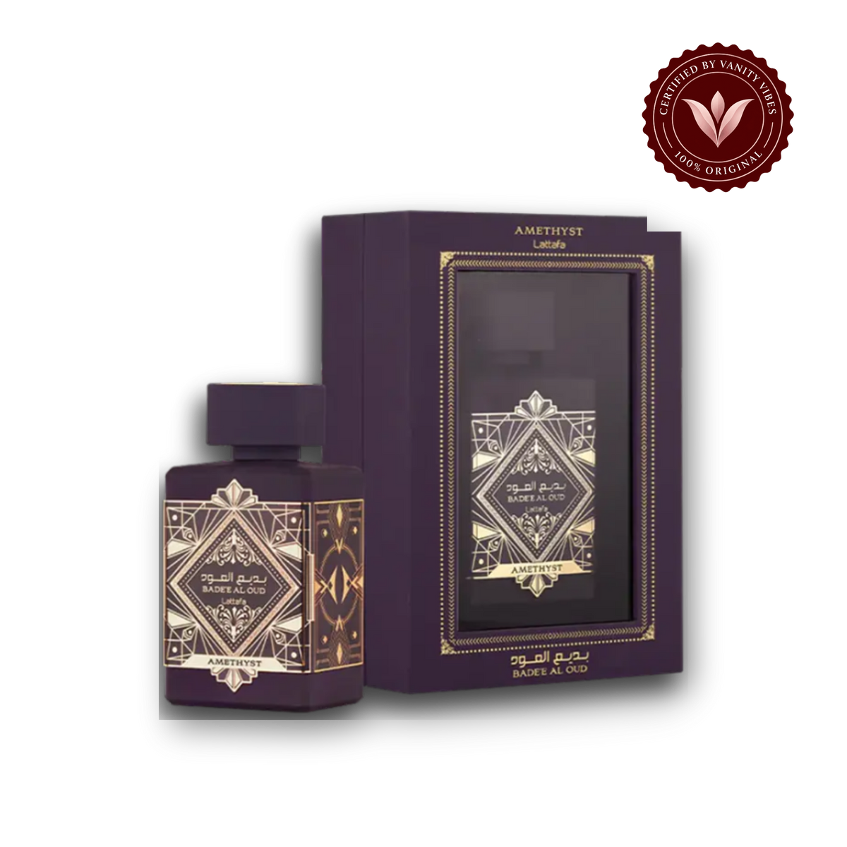 Lattafa Badee Al Oud Amethyst Purple Eau de Parfum For Women And Men 100ml — bottle and box, Vanity Vibes