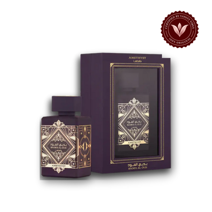 Lattafa Badee Al Oud Amethyst Purple Eau de Parfum For Women And Men 100ml — bottle and box, Vanity Vibes