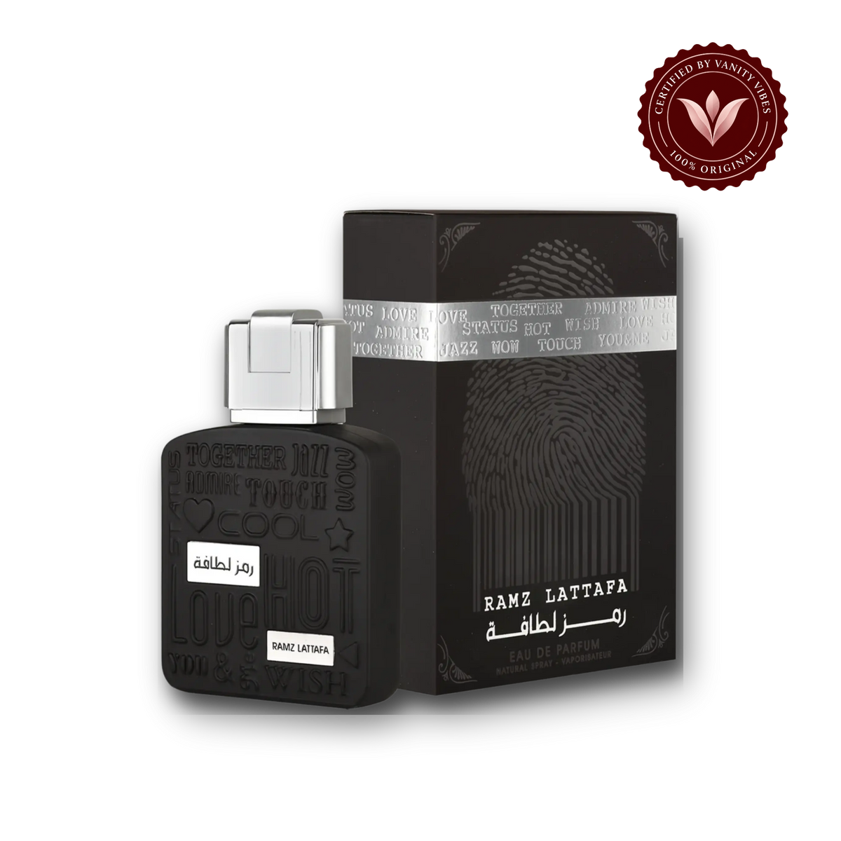 Lattafa Ramz Silver for Men EDP - 100ML — bottle and box, Vanity Vibes