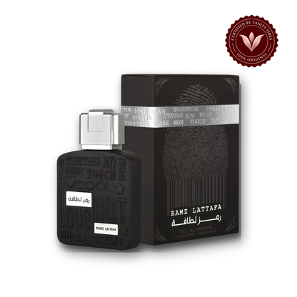 Lattafa Ramz Silver for Men EDP - 100ML — bottle and box, Vanity Vibes