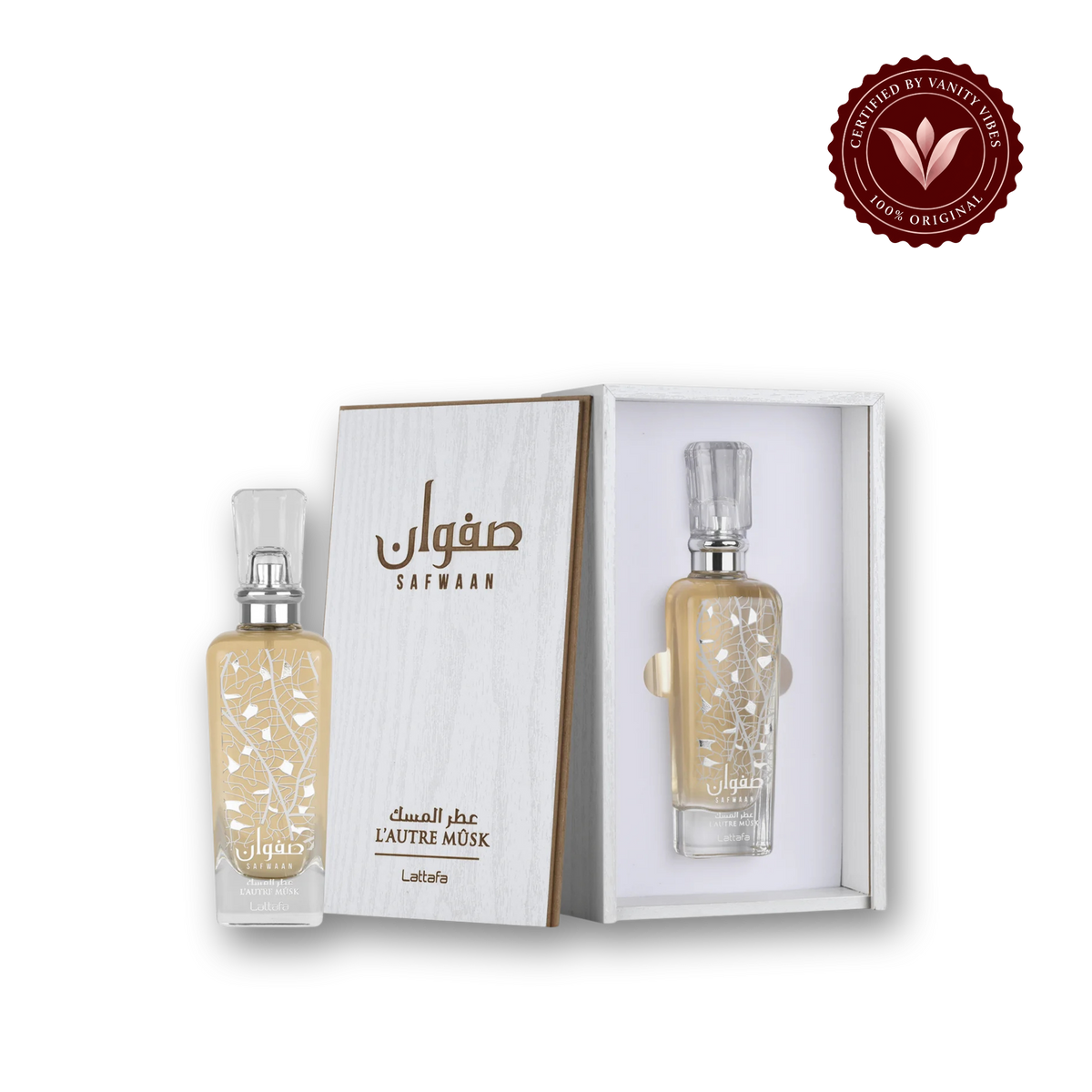 Lattafa Safwaan Musk Edp 100ml — bottle and box, Vanity Vibes
