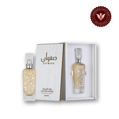 Lattafa Safwaan Musk Edp 100ml — bottle and box, Vanity Vibes