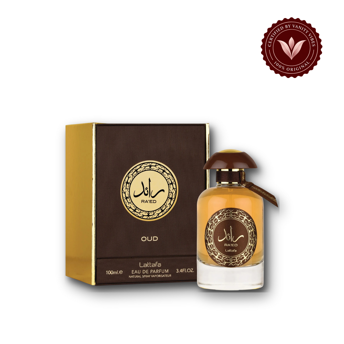 Lattafa Raed Oud Perfume for Men And Women 100ml EDP — bottle and box, Vanity Vibes