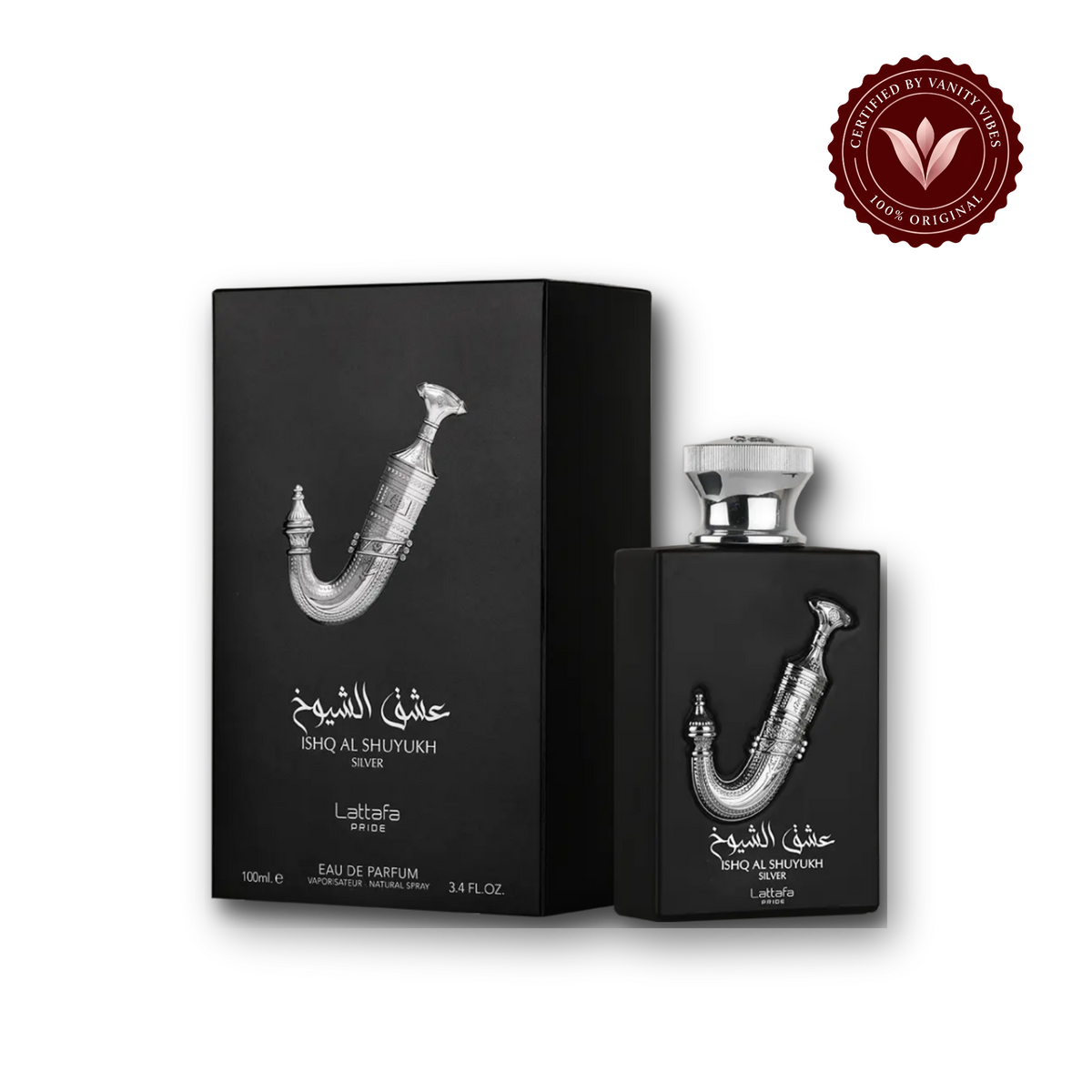 Lattafa Ishq Al Shuyukh Silver Perfume for Unisex Eau de Parfum — box, Vanity Vibes
