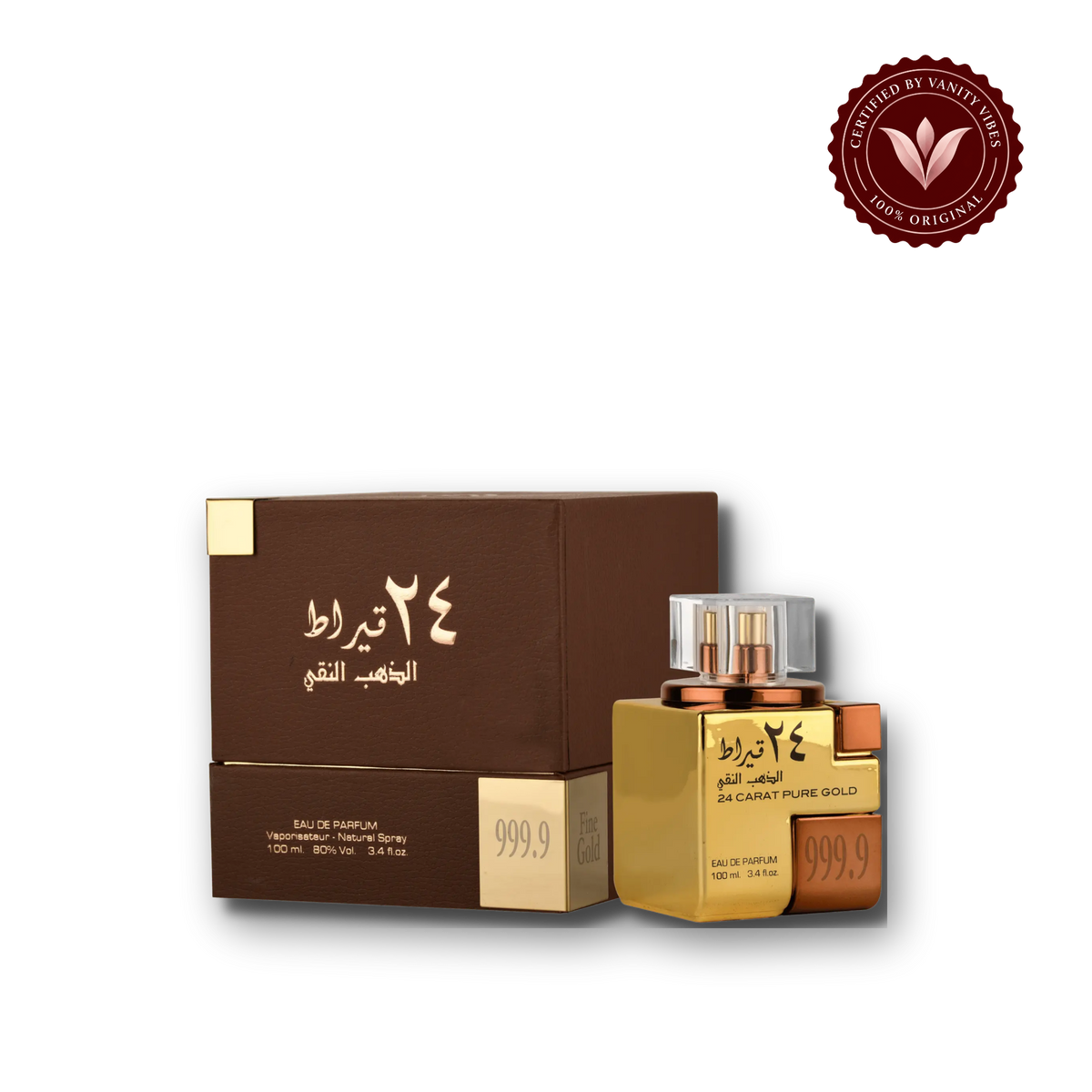 Lattafa 24 Carat Pure Gold Perfume-100 Ml — bottle and box, Vanity Vibes