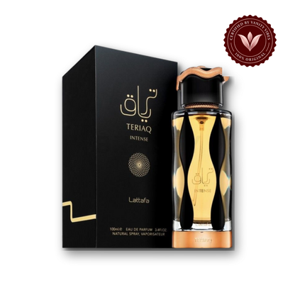 Teriaq Intense Lattafa Eau de Parfum for Women 100ml — bottle and box, Vanity Vibes