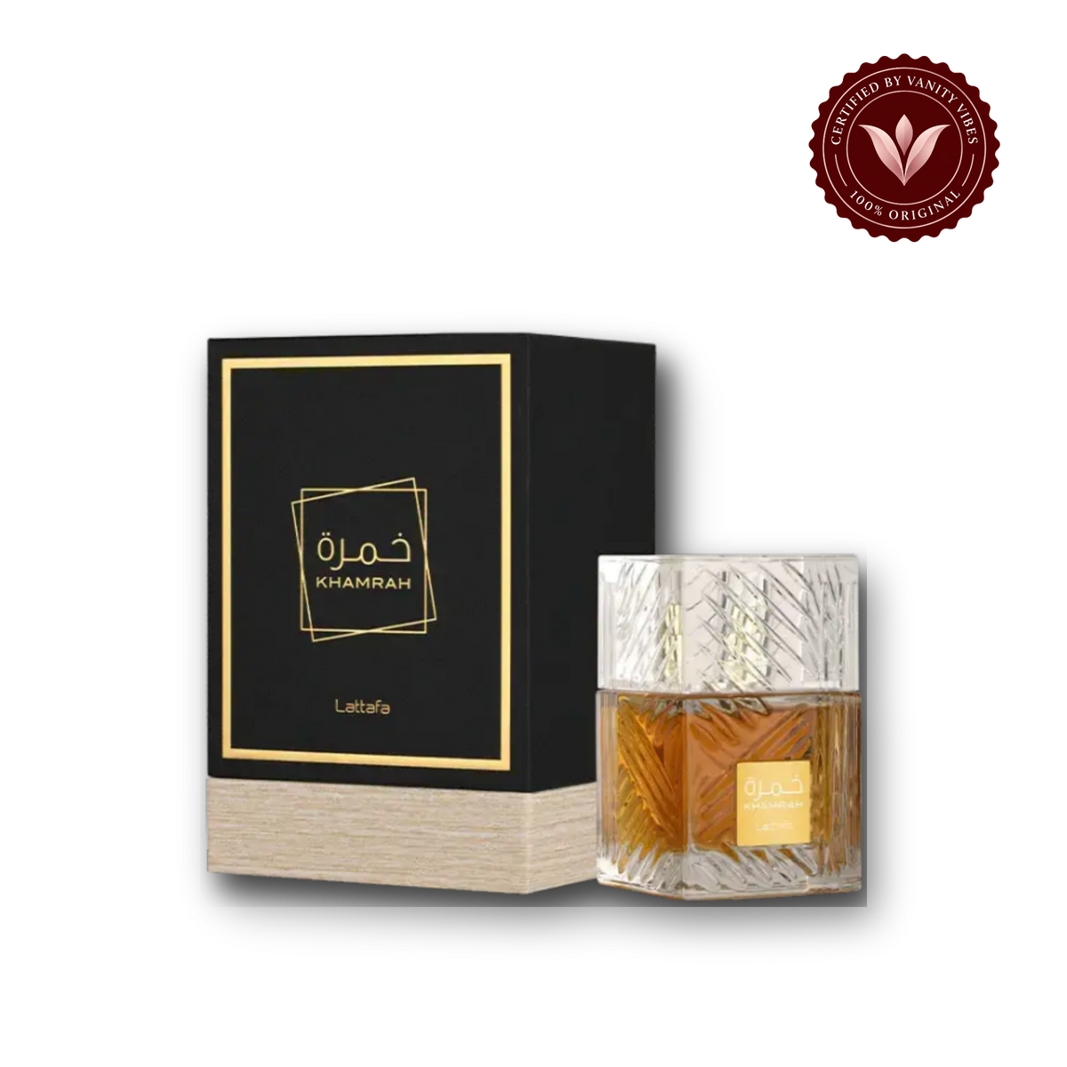 Lattafa Khamrah Unisex Eau de Parfum 100ml — bottle and box, Vanity Vibes