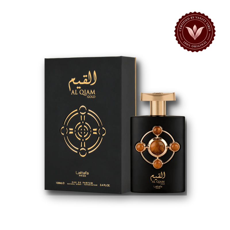 Lattafa Pride Al Qiam Gold Eau de Parfum 100ml - Long Lasting Original Luxury Unisex Fragrance for Men & Women — bottle and box, Vanity Vibes