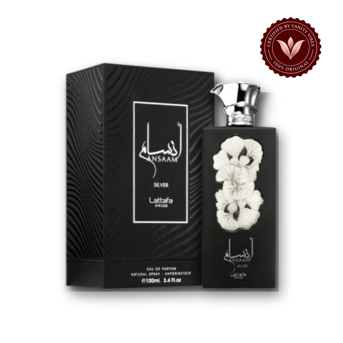 Lattafa Pride Ansaam Silver Eau de Parfum 100ml - Long Lasting Luxury Arabic Fragrance for Men — bottle and box, Vanity Vibes