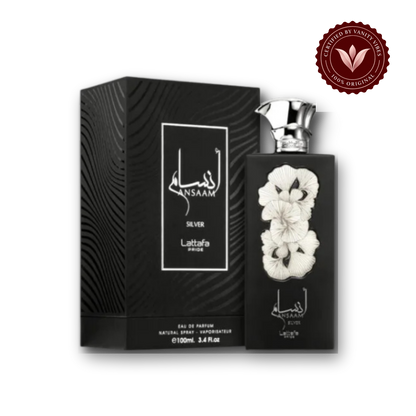 Lattafa Pride Ansaam Silver Eau de Parfum 100ml - Long Lasting Luxury Arabic Fragrance for Men — bottle and box, Vanity Vibes