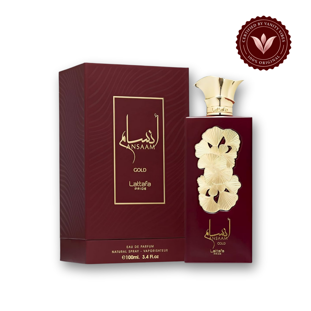 Lattafa Pride Ansaam Gold Eau de Parfum 100ml - Long Lasting Luxury Floral Fragrance for Women — bottle and box, Vanity Vibes