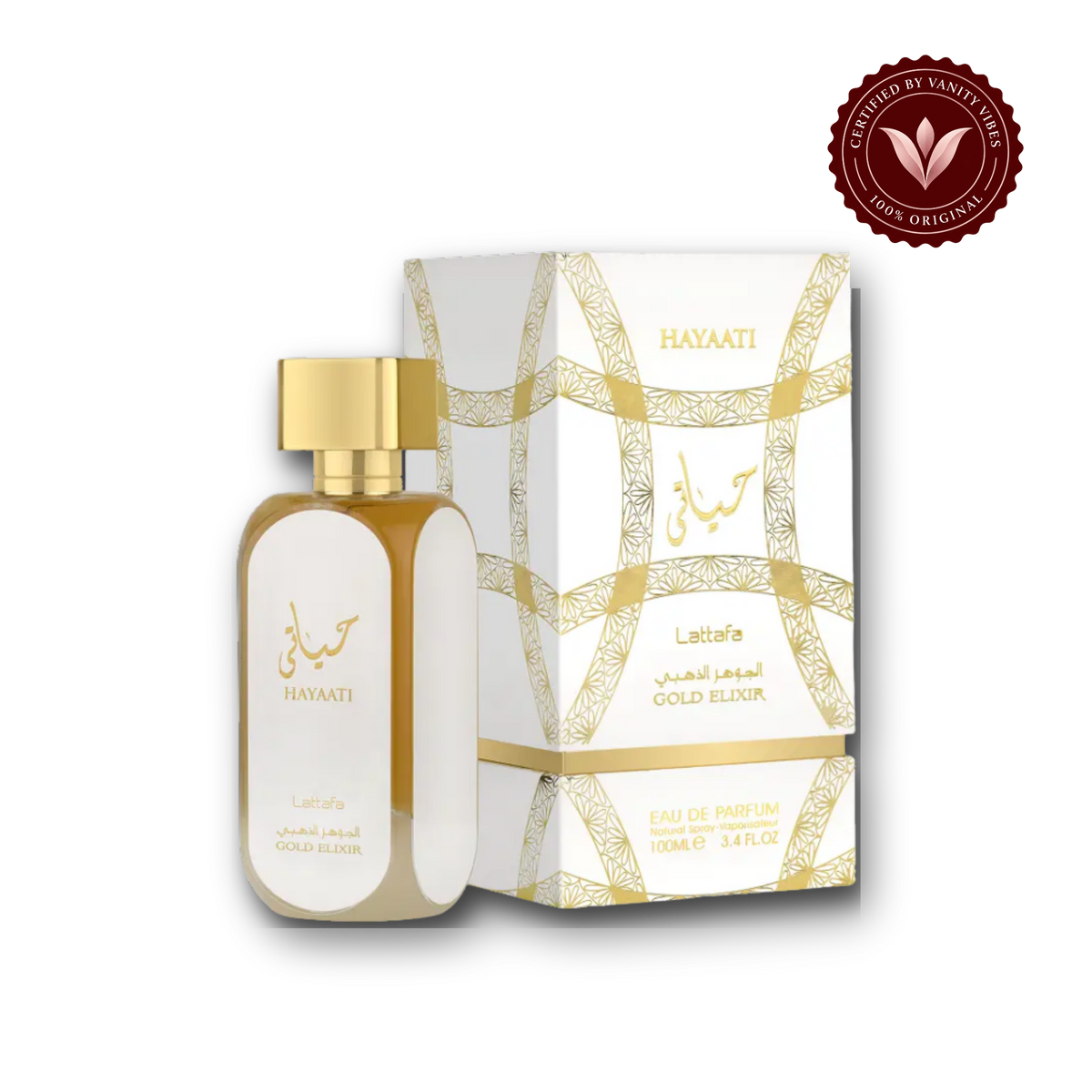 Lattafa Hayaati White Gold Elixir EDP 100ml - Long Lasting Unisex Perfume for Men & Women — bottle and box, Vanity Vibes