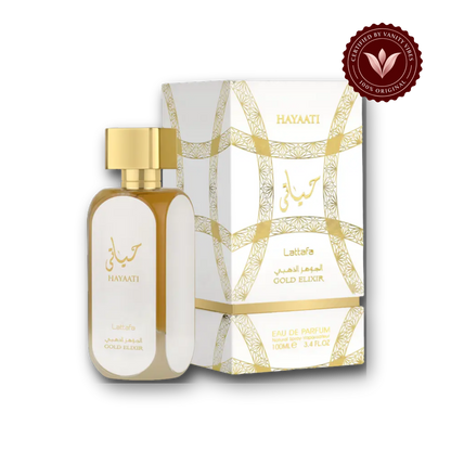 Lattafa Hayaati White Gold Elixir EDP 100ml - Long Lasting Unisex Perfume for Men & Women — box, Vanity Vibes