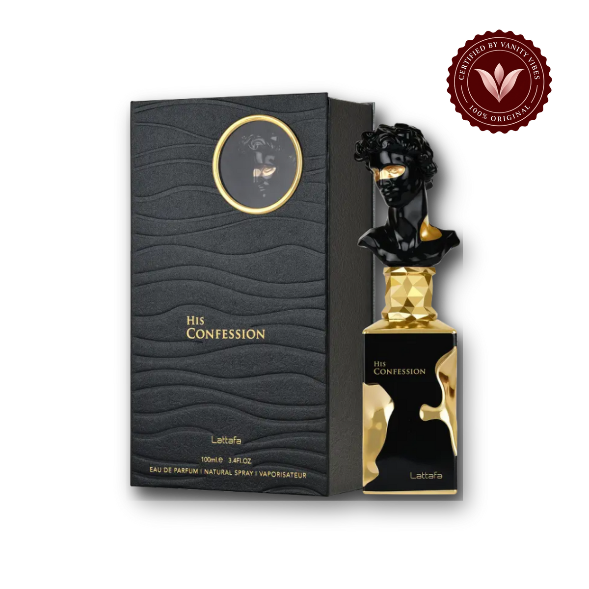Lattafa His Confession Eau de Parfum 100ml - Long Lasting Original Elegant Masculine Fragrance for Men — bottle and box, Vanity Vibes