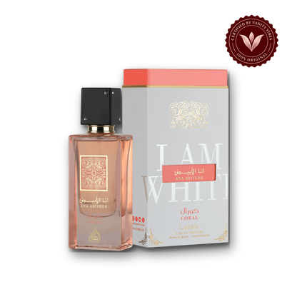 Lattafa Ana Abiyedh Coral Eau de Parfum 60ml - Long Lasting Elegant Unisex Fragrance for Men & Women — bottle and box, Vanity Vibes