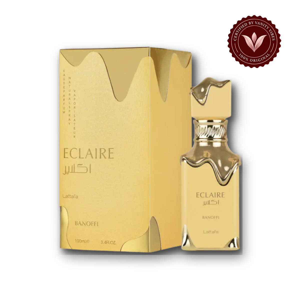 Lattafa Eclaire Banoffi Eau de Parfum 100ml - Long Lasting Sweet Gourmand Unisex Arabic Fragrance for Men & Women — bottle and box, Vanity Vibes