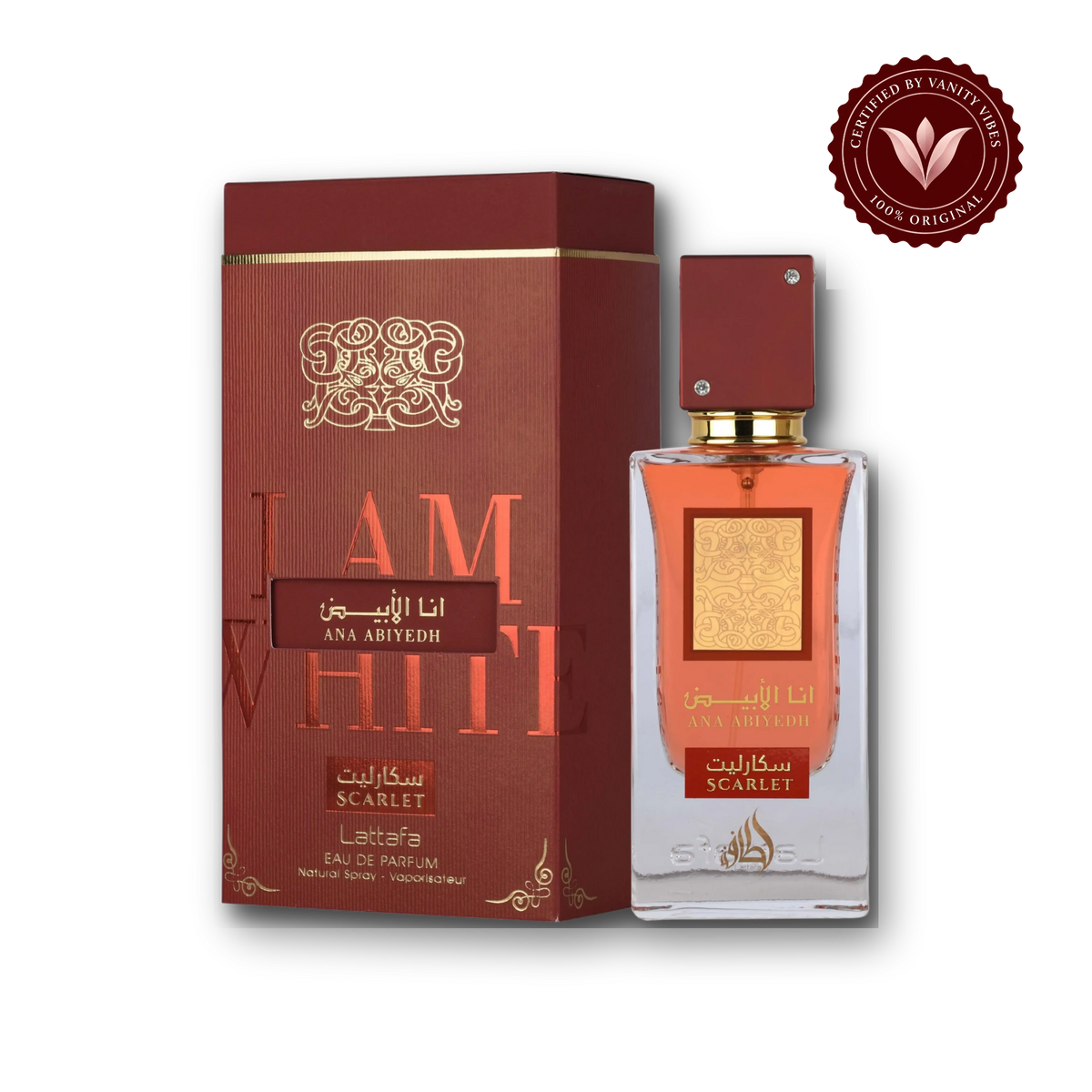 Lattafa Ana Abiyedh Scarlet Eau de Parfum 60ml - Long Lasting Elegant Floral Fragrance for Women — bottle and box, Vanity Vibes