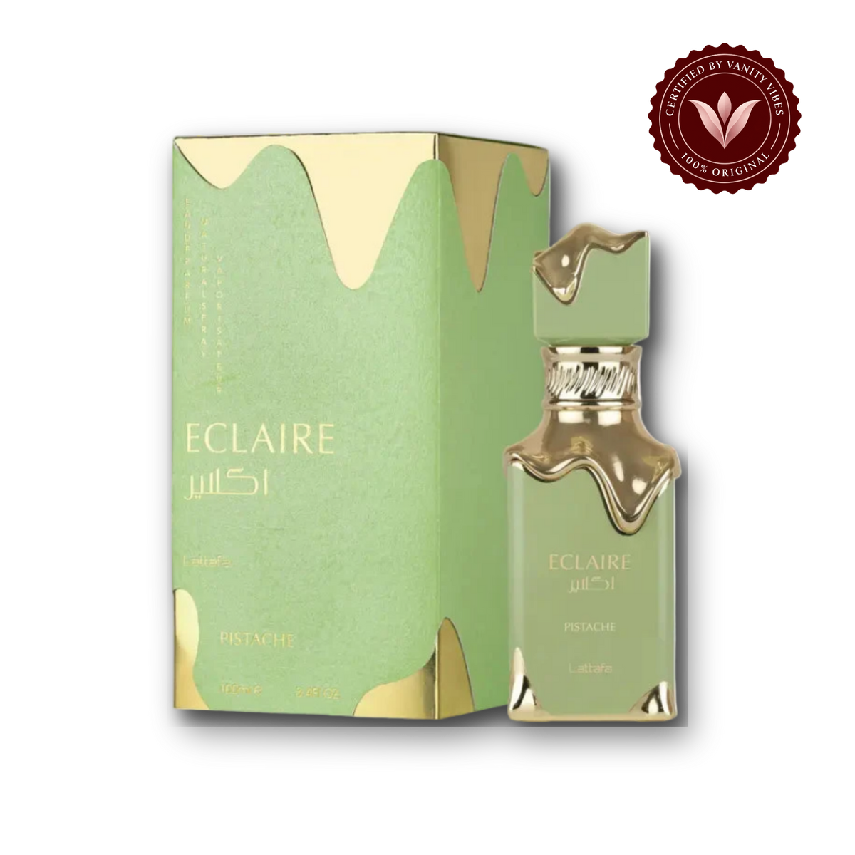 Lattafa Eclaire Pistache Perfume EDP 100ml Long Lasting Arabic Fragrance Unisex — bottle and box, Vanity Vibes