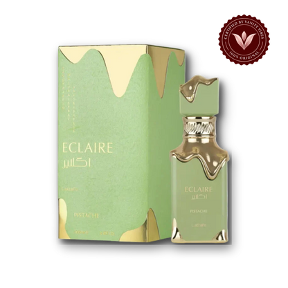 Lattafa Eclaire Pistache Perfume EDP 100ml Long Lasting Arabic Fragrance Unisex — bottle and box, Vanity Vibes