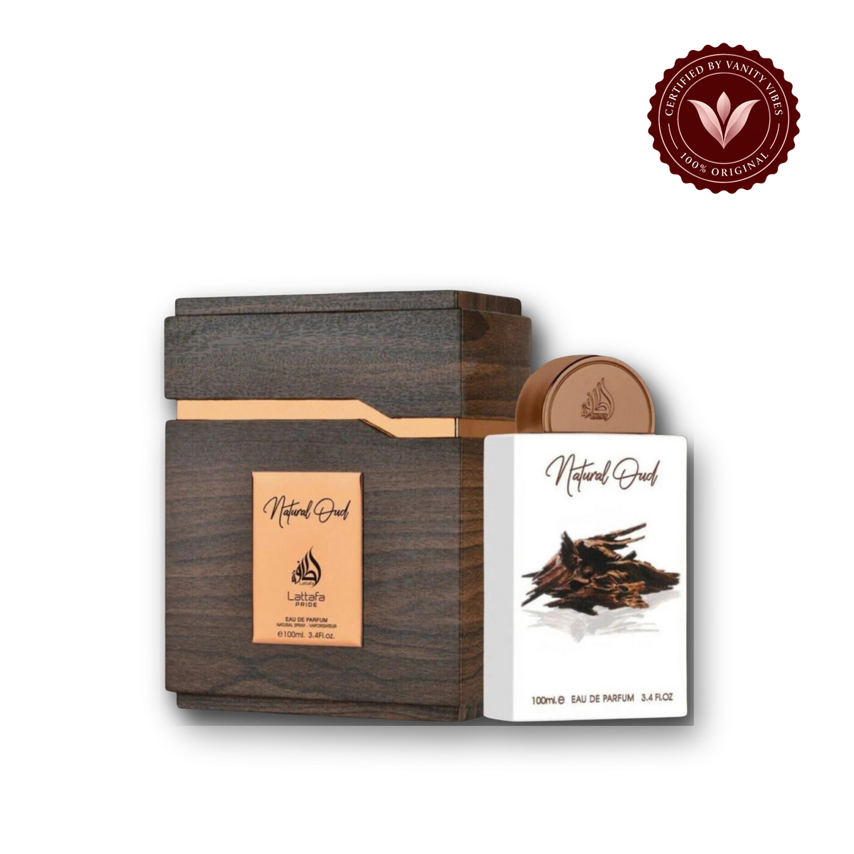 Lattafa Natural Oud Eau de Parfum 100ml - Long Lasting Rich Oud Unisex Fragrance for Men & Women — bottle and box, Vanity Vibes