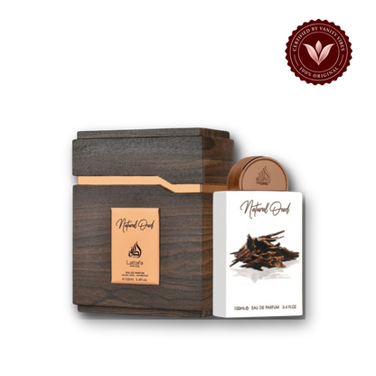 Lattafa Natural Oud Eau de Parfum 100ml - Long Lasting Rich Oud Unisex Fragrance for Men & Women — bottle and box, Vanity Vibes